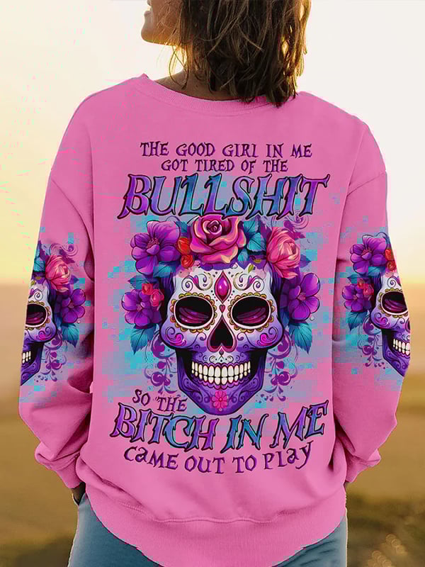 Women's Skull and Lettering Printed Crew Neck Sweatshirt