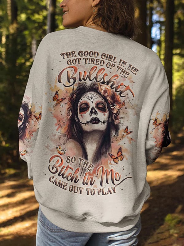 Women's Skull and Lettering Printed Crew Neck Sweatshirt