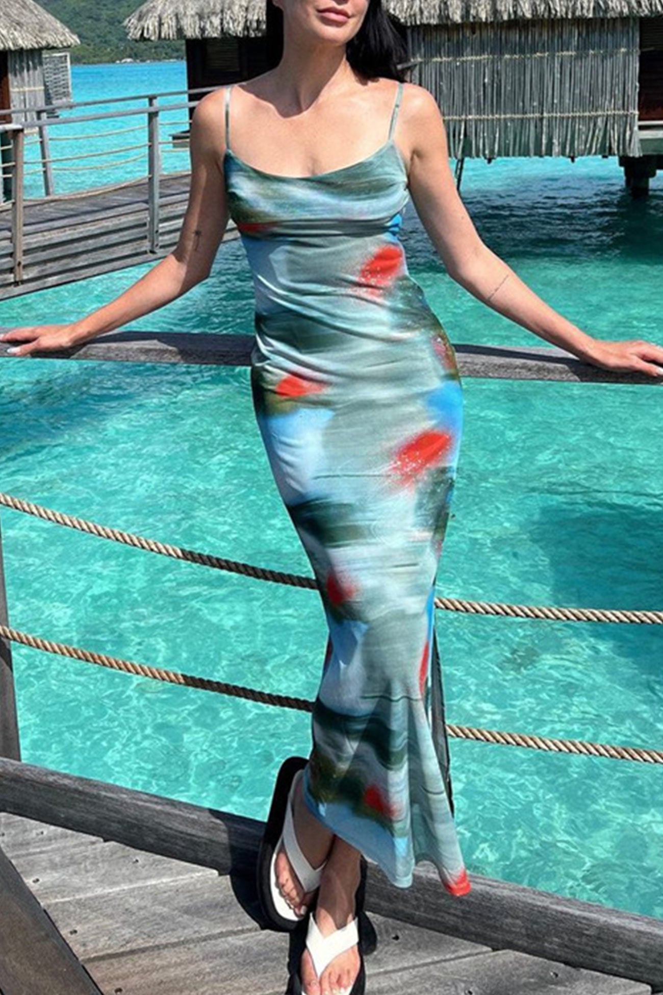 Vintage Contrast Printed Chiffon Cami Dress