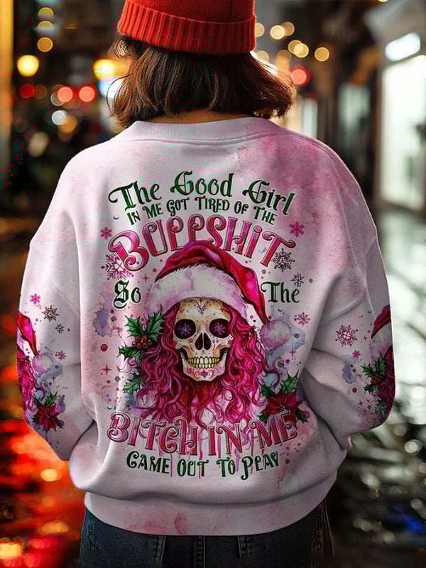Women's Christmas Skull Lettering Print Crew Neck Sweatshirt
