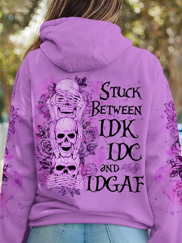 Women's Trendy Skull Floral Print Pocket Hoodie