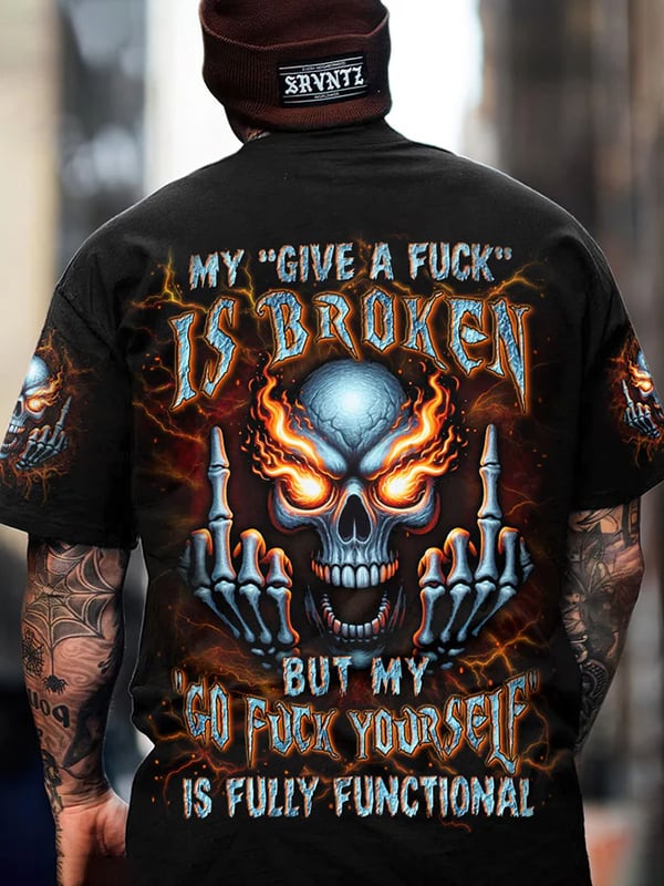 Men's Retro Skull Lettering Printed Round Neck T-Shirt