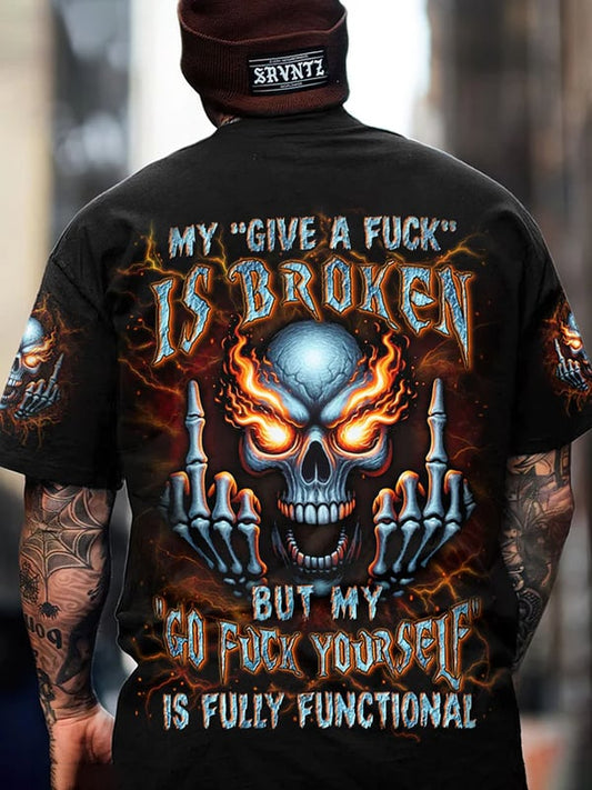 Men's Retro Skull Lettering Printed Round Neck T-Shirt