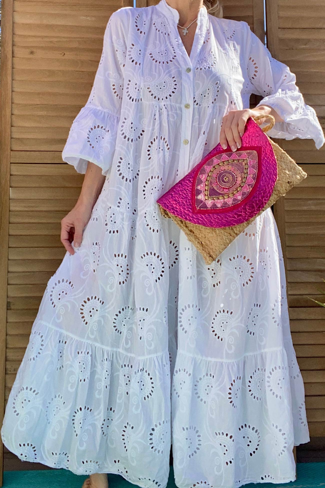 V Neck Flares Sleeve Embroidery Cotton Dress