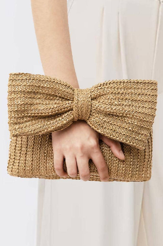 Bow Hand Made Straw Woven Clutch