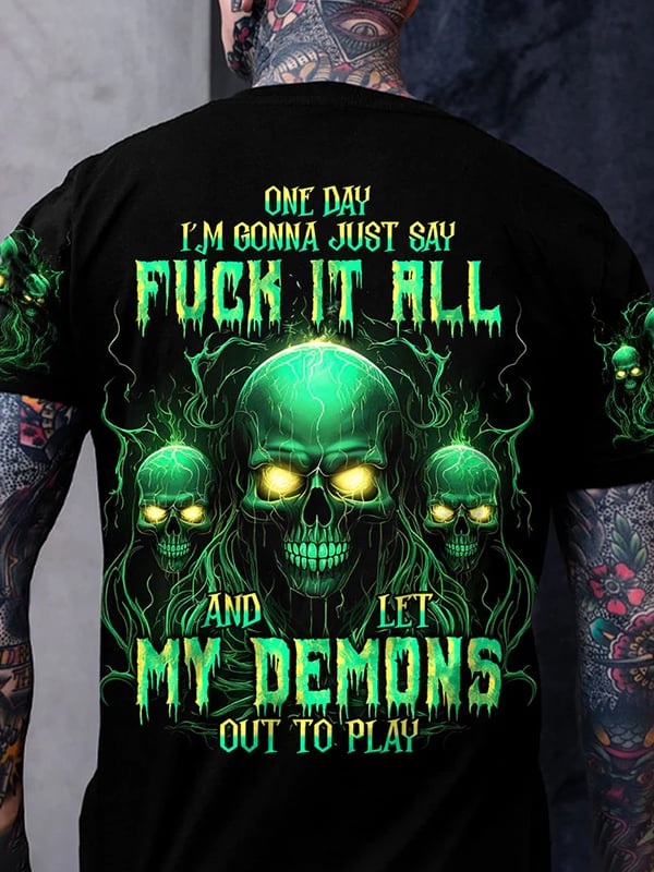 Men's Retro Skull Lettering Printed Round Neck T-Shirt