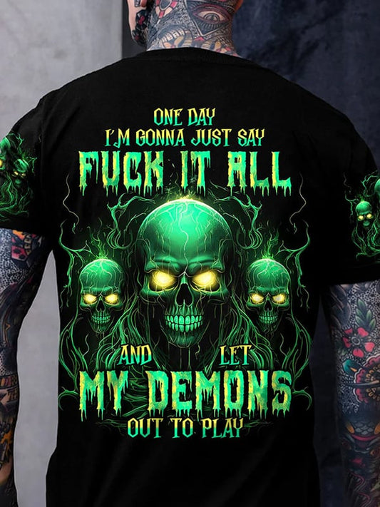 Men's Retro Skull Lettering Printed Round Neck T-Shirt