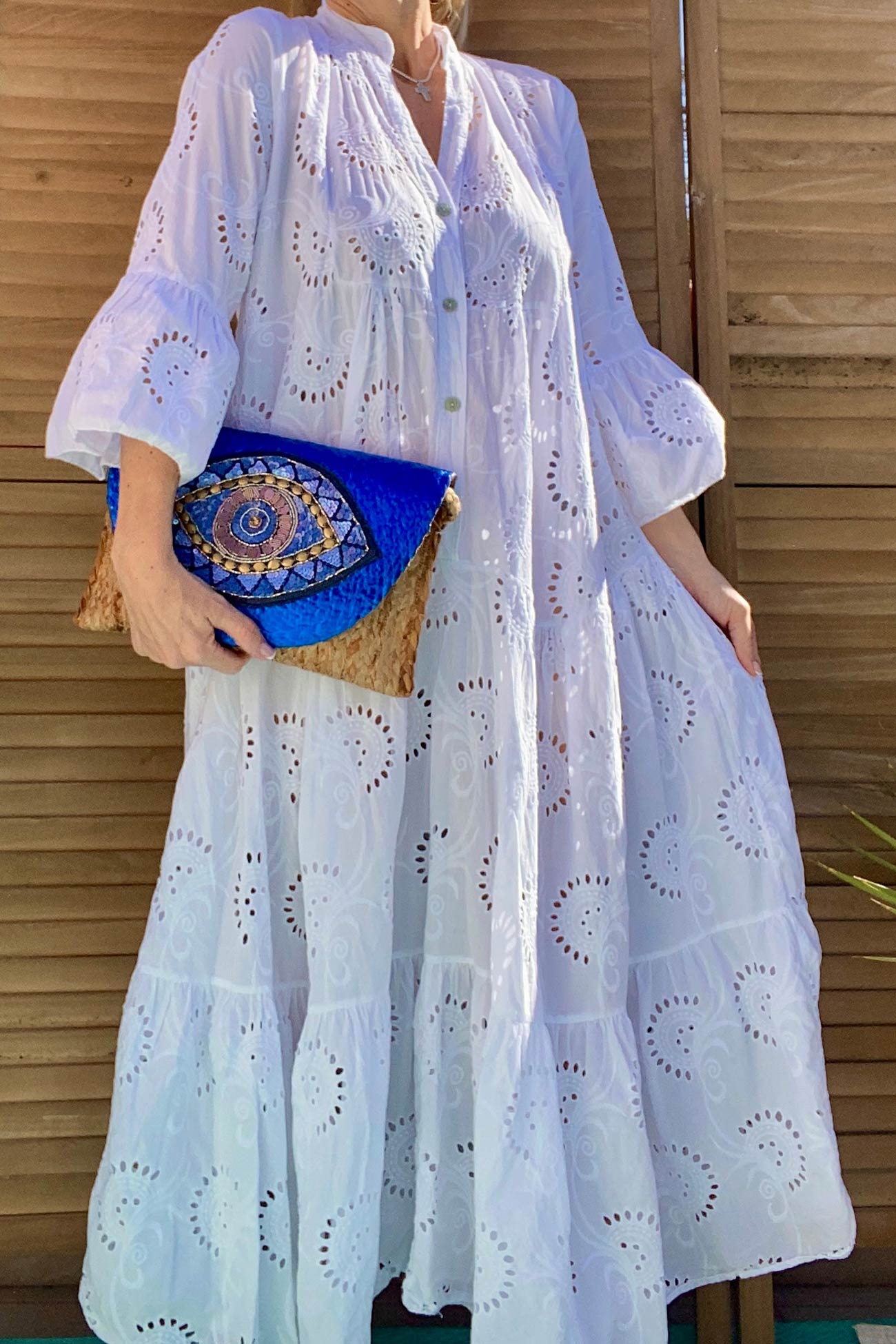 V Neck Flares Sleeve Embroidery Cotton Dress