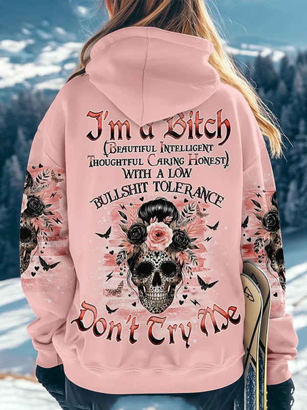 Women's Vintage Skull and Floral Print Pocket Hoodie