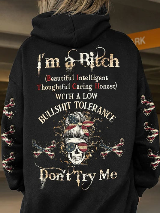 Women's Trendy Skull Floral Print Pocket Hoodie