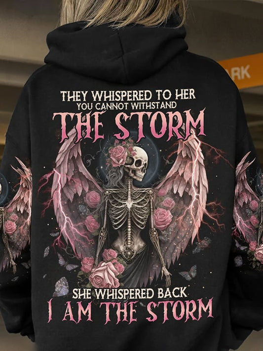 Women's Trendy Skull Floral Print Pocket Hoodie