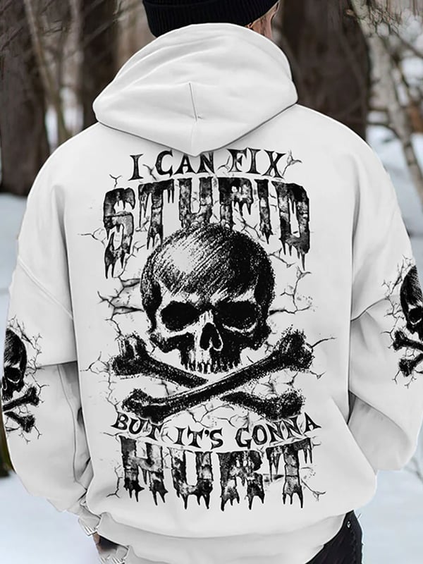 Men's Vintage Skull and Lettering Print Pocket Hoodie