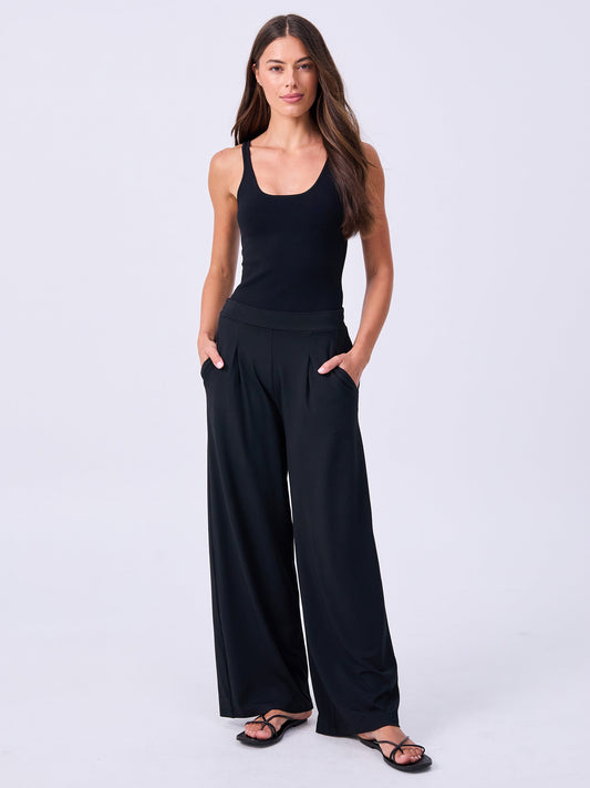 Pleat  Front Wide Leg Pants - Black