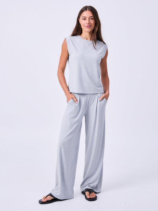 Pleat  Front Wide Leg Pants - Melange Grey