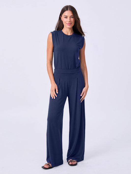 Pleat  Front Wide Leg Pants - Navy