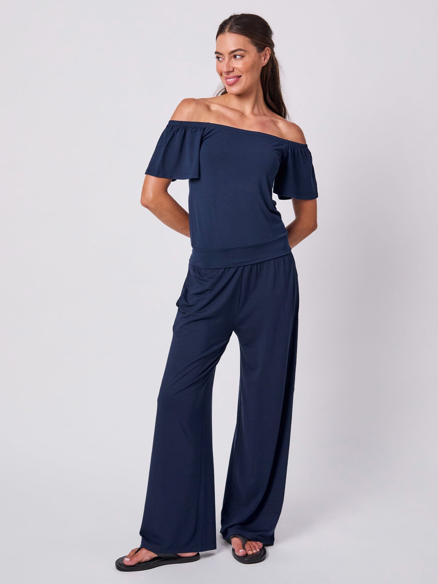 Off Shoulder Bell Sleeve Top - Navy