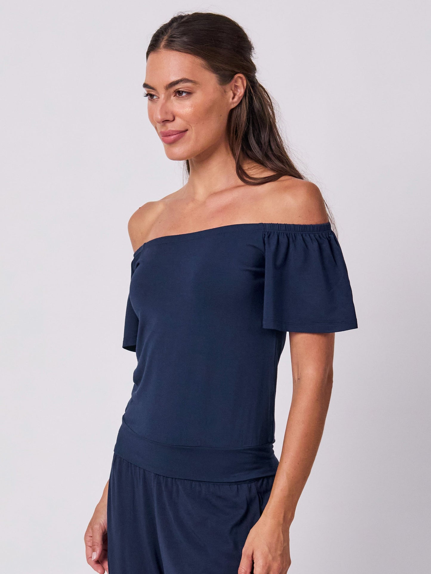 Off Shoulder Bell Sleeve Top - Navy