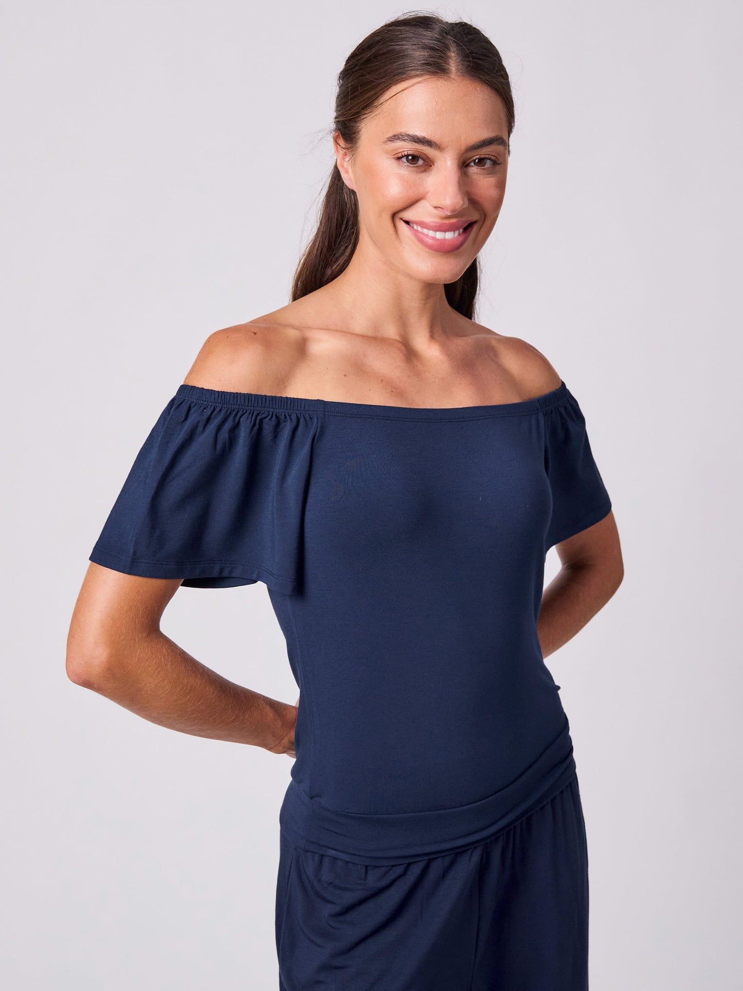Off Shoulder Bell Sleeve Top - Navy