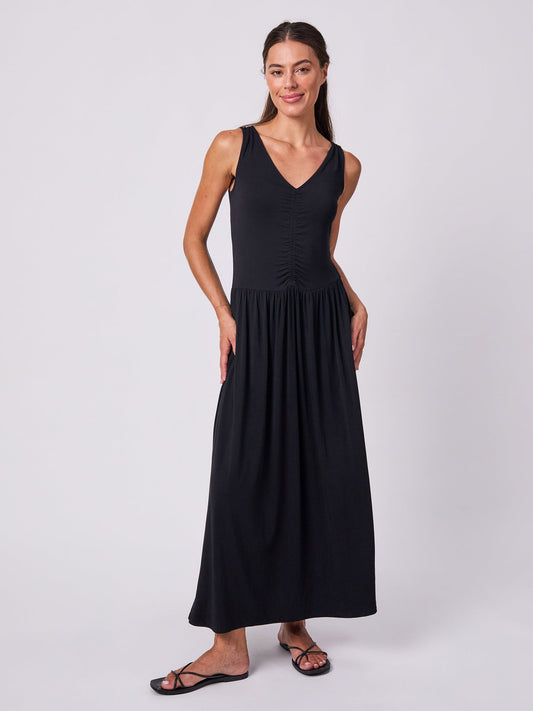 V Neck Rouch Dress - Black