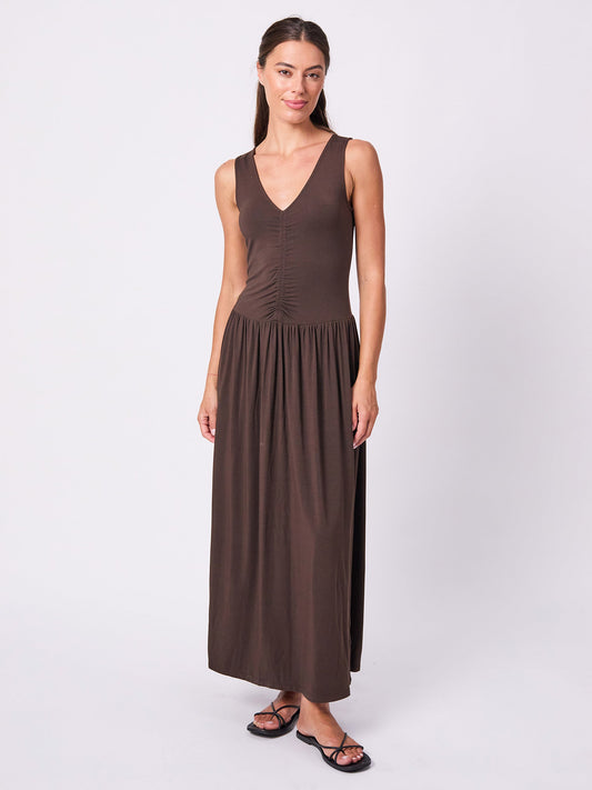 V Neck Rouch Dress - Coffee Bean