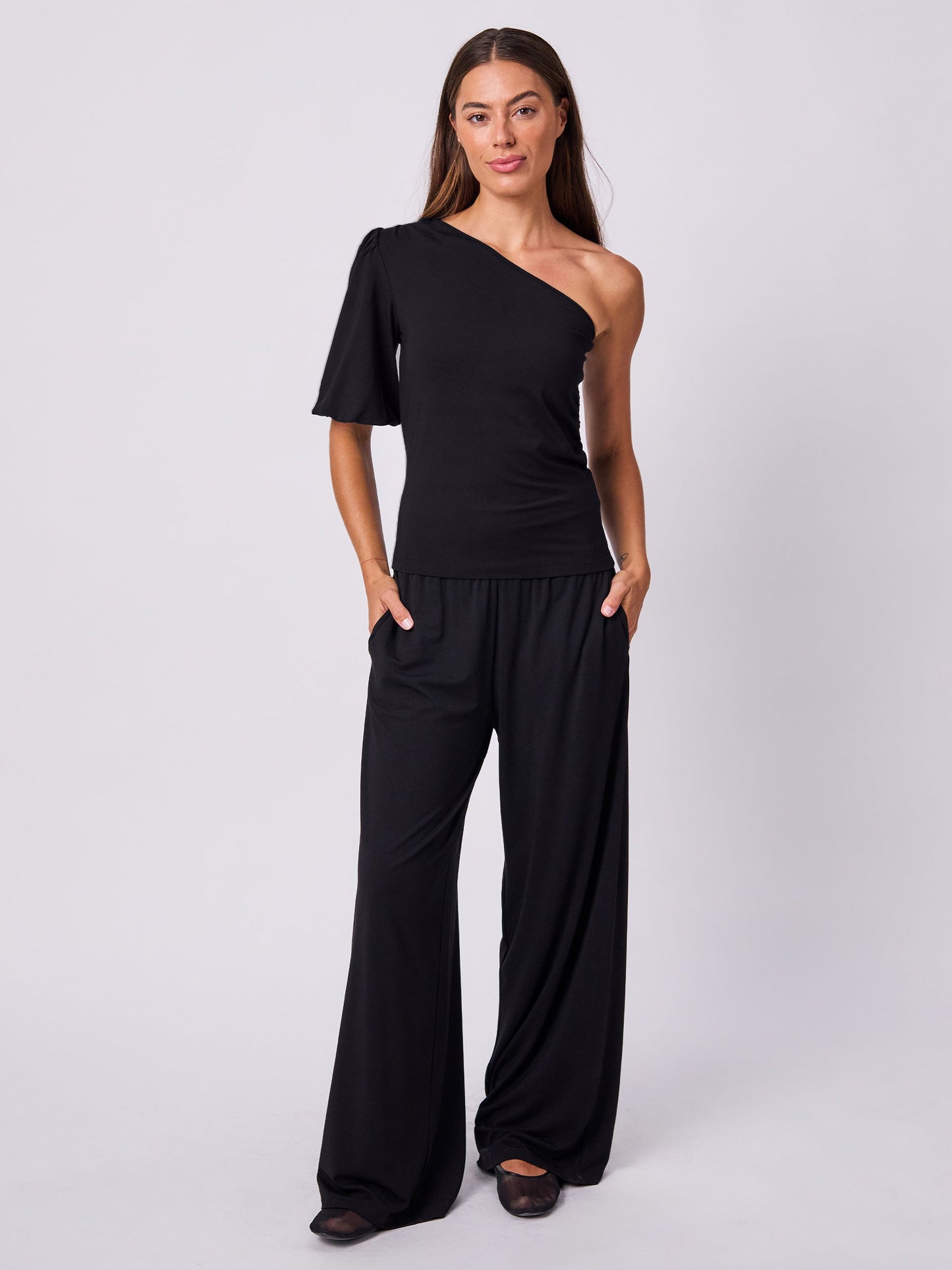 One Shoulder Bell Sleeve Top - Black