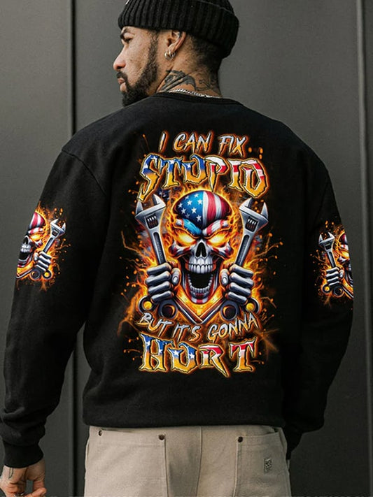 Men's Vintage Skull Lettering Print Crew Neck Sweatshirt