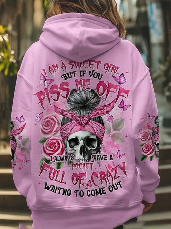 Women's Vintage Skull and Floral Print Pocket Hoodie
