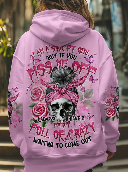 Women's Vintage Skull and Floral Print Pocket Hoodie