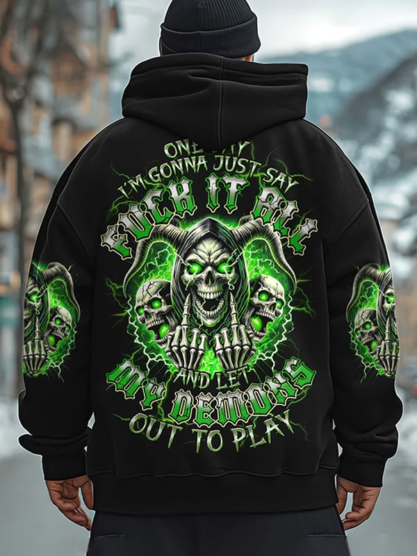 Men's Vintage Skull and Lettering Print Pocket Hoodie