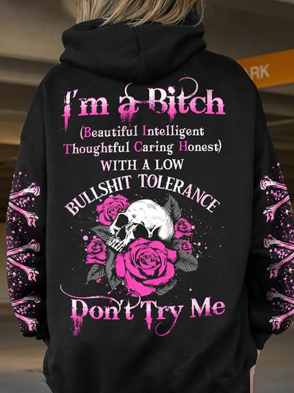 Women's Trendy Skull Floral Print Pocket Hoodie