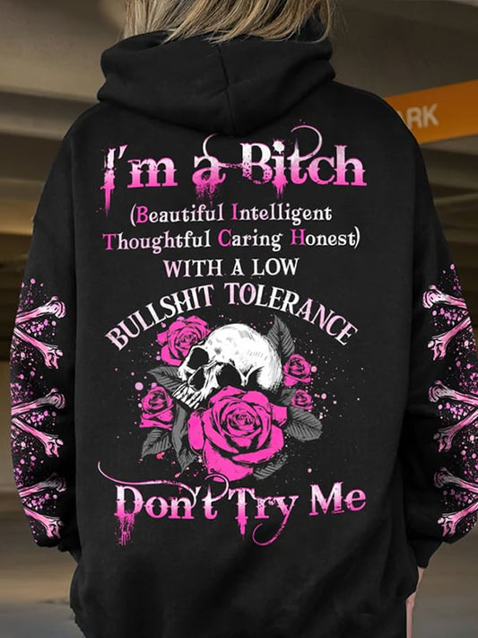 Women's Trendy Skull Floral Print Pocket Hoodie