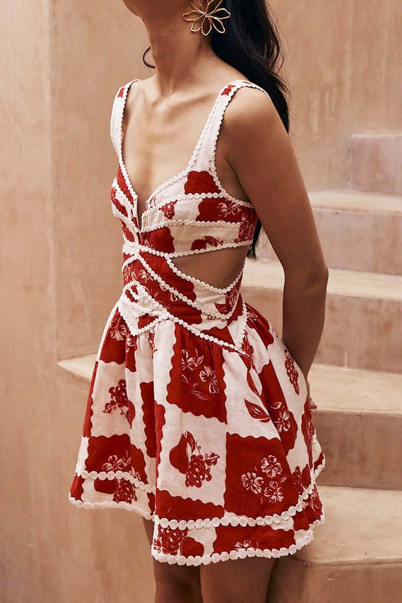 Contrast Printed Cutout A-line Mini Dress