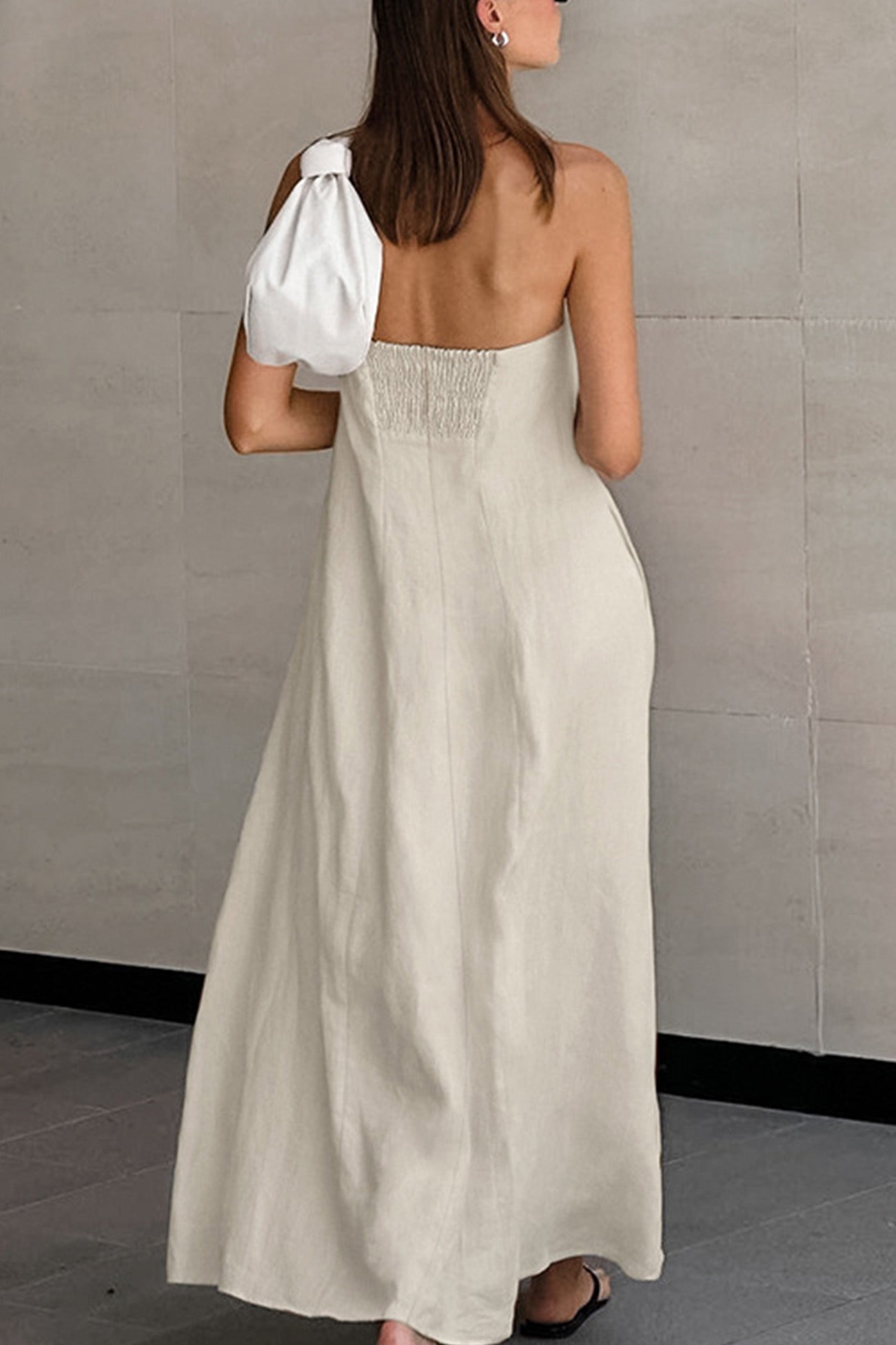 Cotton Linen Smocked Strapless Dress