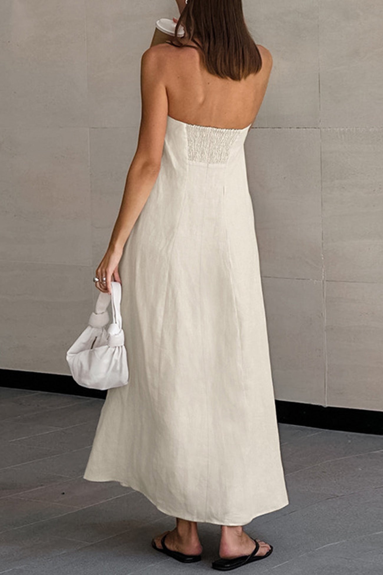 Cotton Linen Smocked Strapless Dress