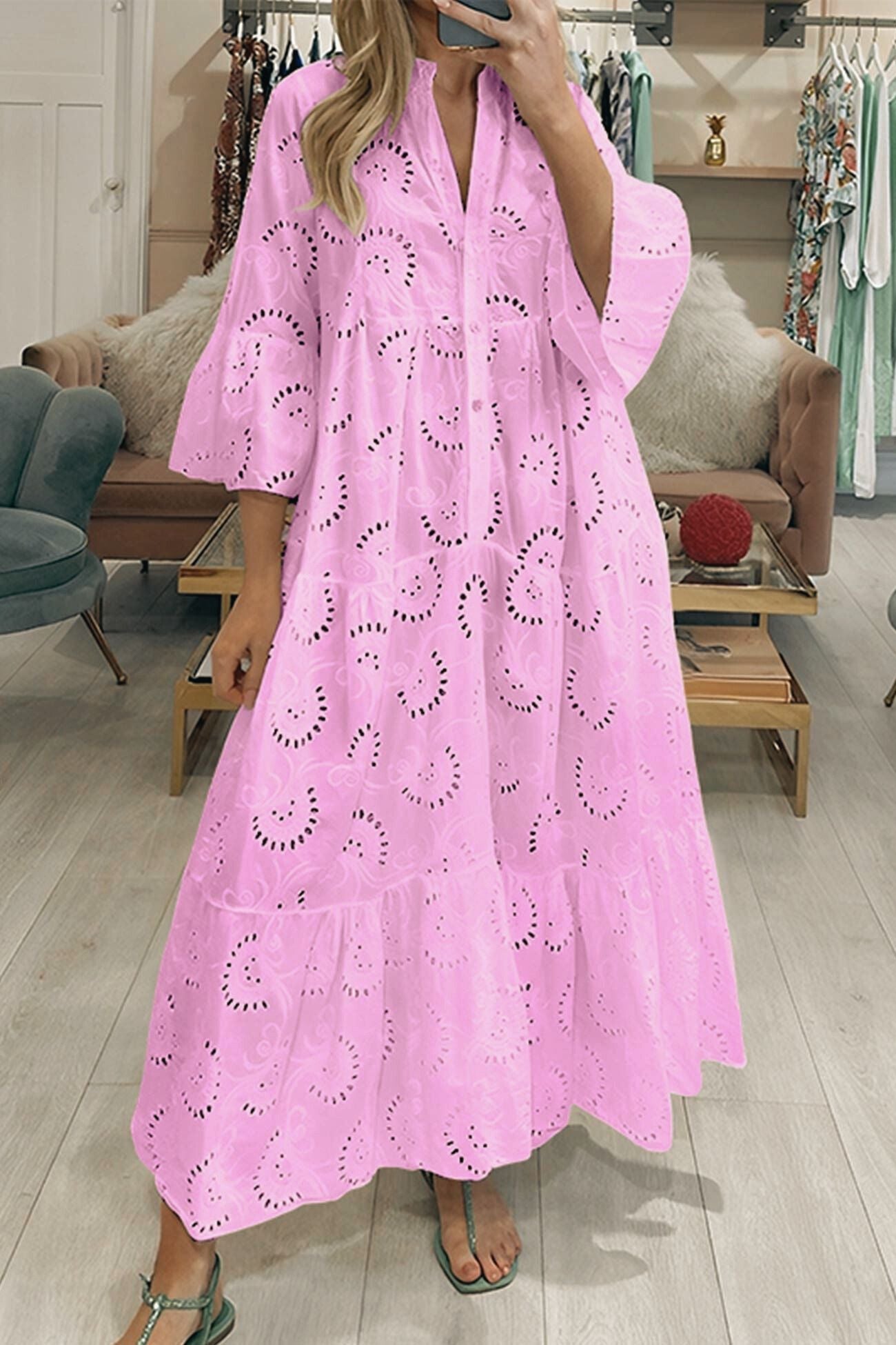 V Neck Flares Sleeve Embroidery Cotton Dress
