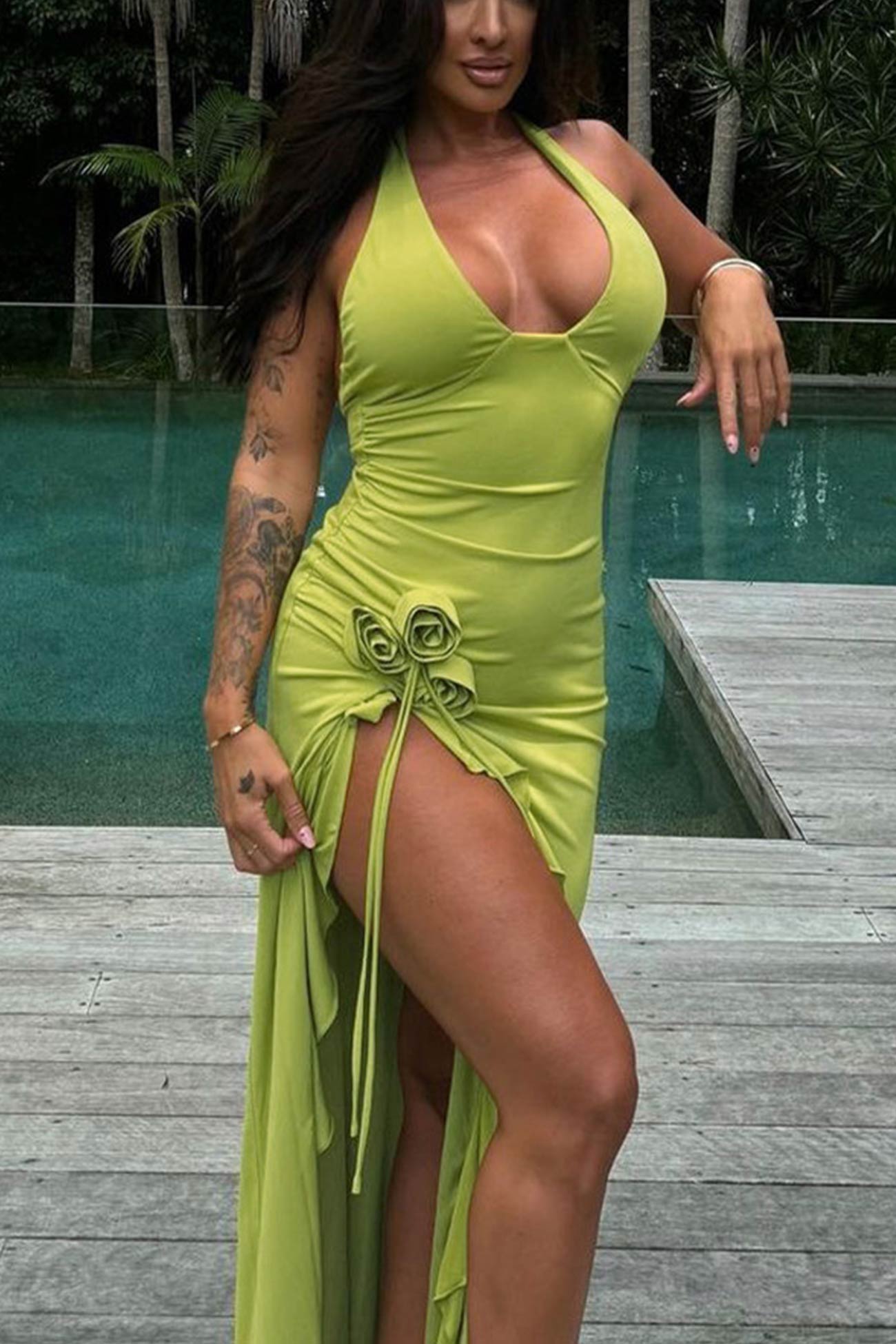 Halterneck Floral Ruffle Hem Midi Dress