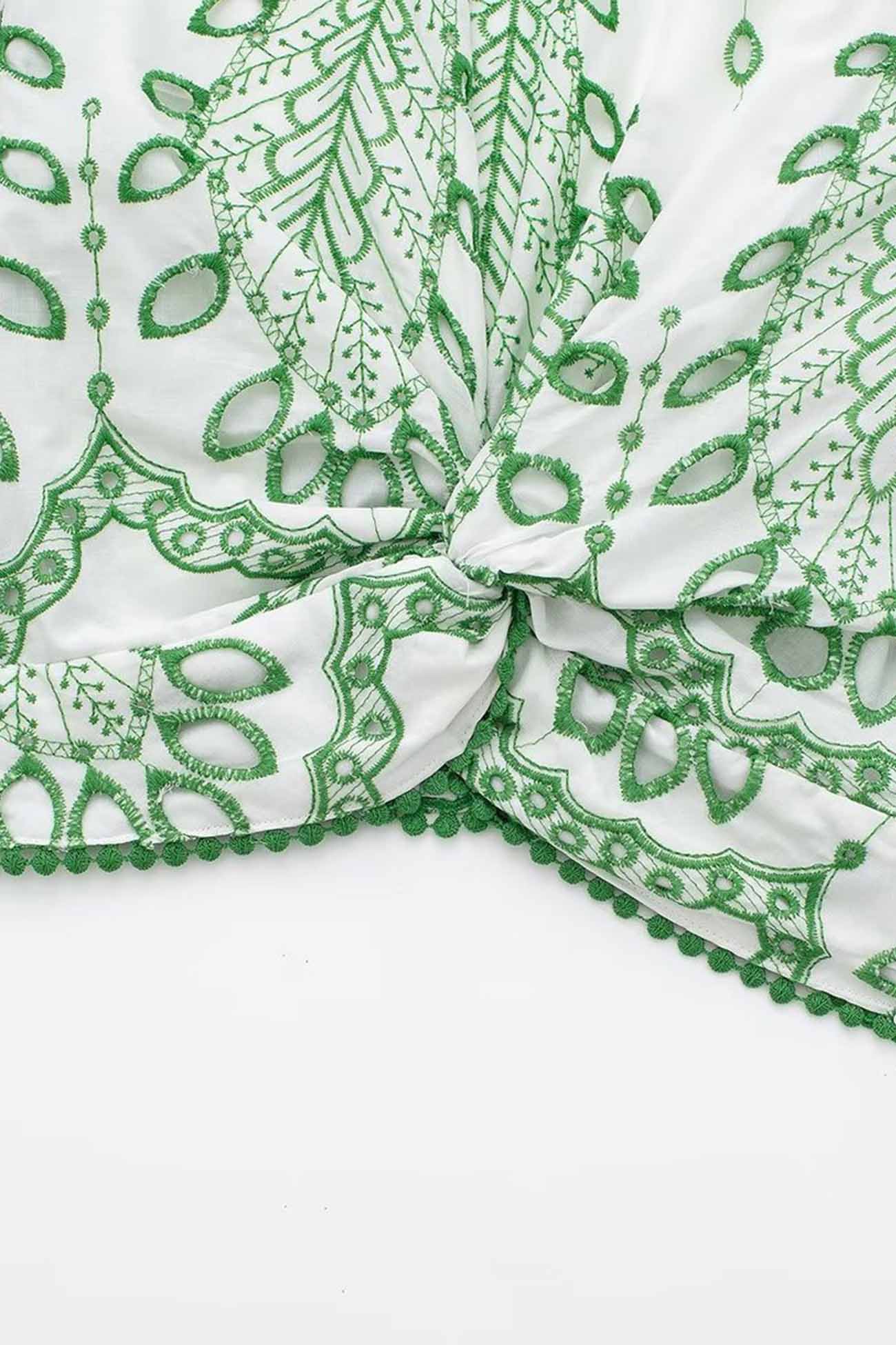 Hollow Embroidery V Neck Twisted Shorts Set