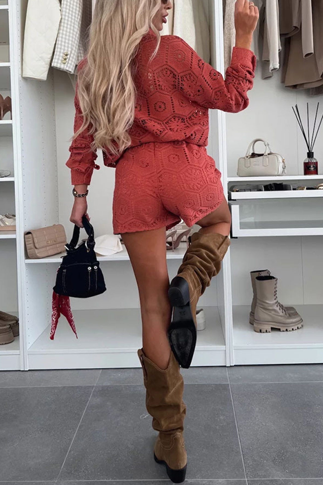 Lace Long Sleeve Blouse Two-piece Shorts Set