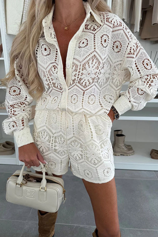 Lace Long Sleeve Blouse Two-piece Shorts Set
