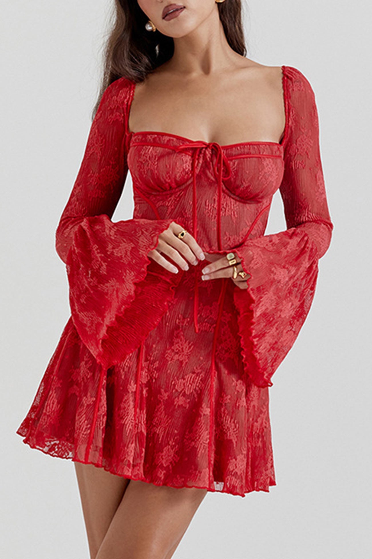 Lace Low Cut Flare Sleeve A-line Dress