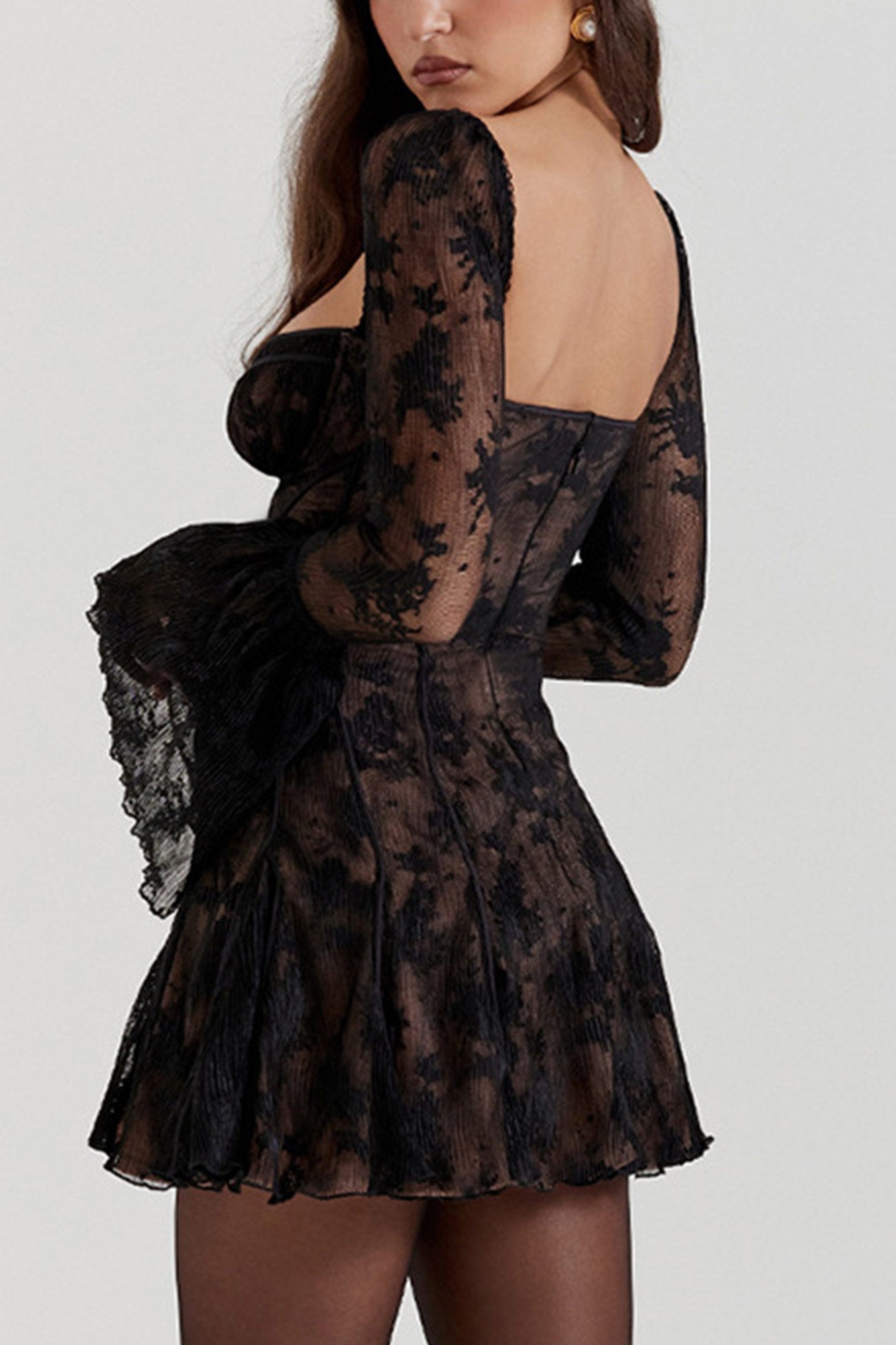 Lace Low Cut Flare Sleeve A-line Dress