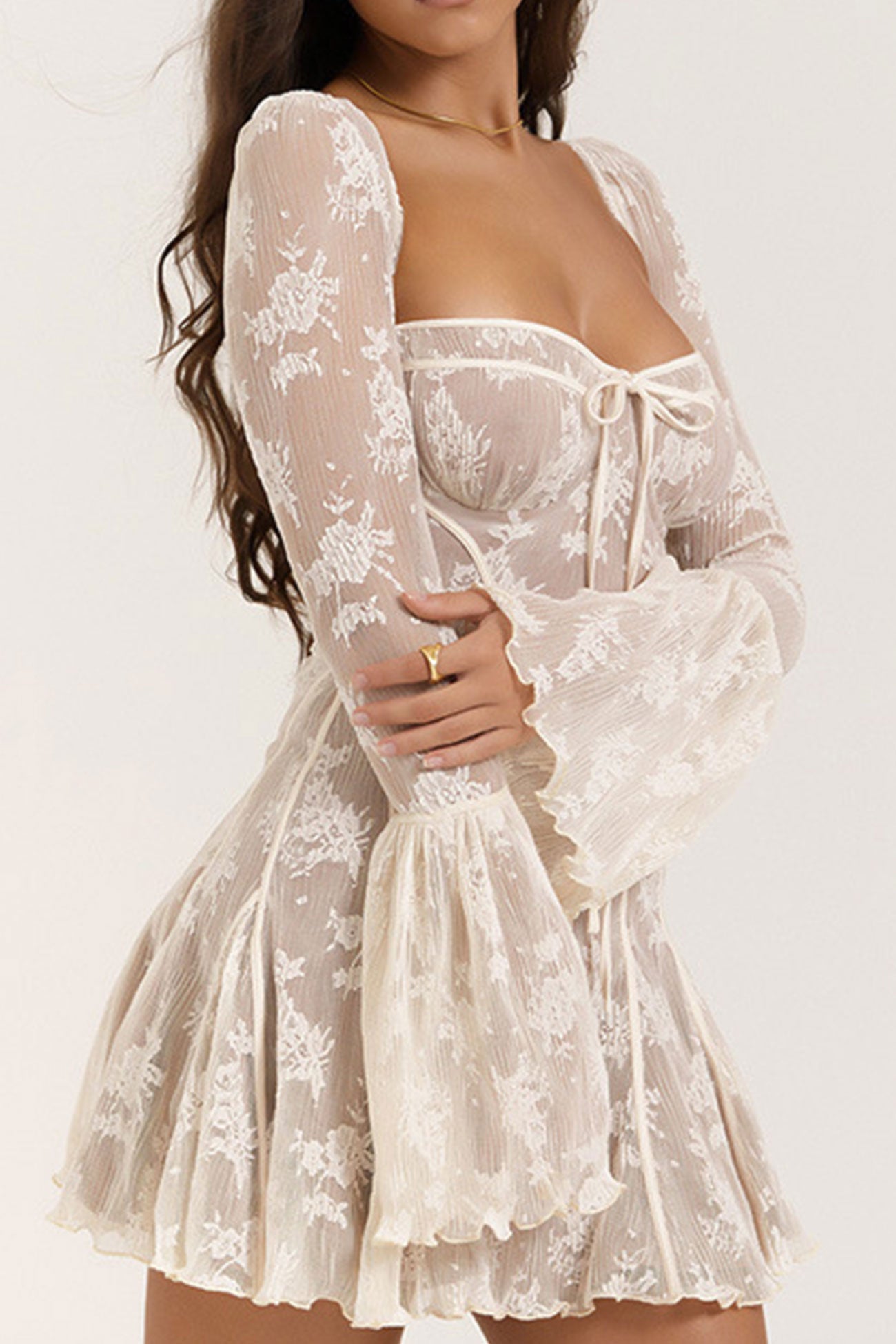 Lace Low Cut Flare Sleeve A-line Dress