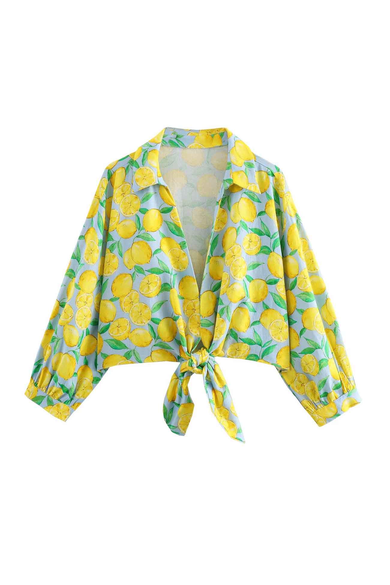 Lemon Print Tie Up Shorts Two Piece Set