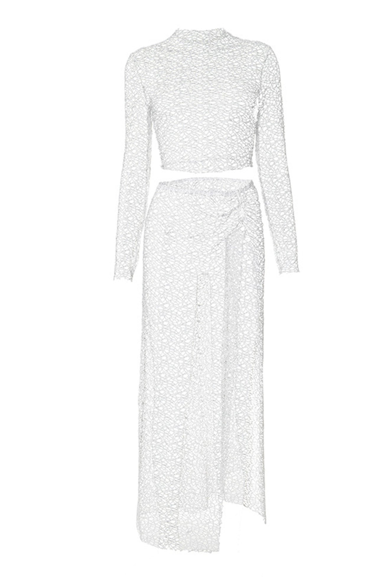 Mesh Crop Top Slit Skirt Two-Piece Set