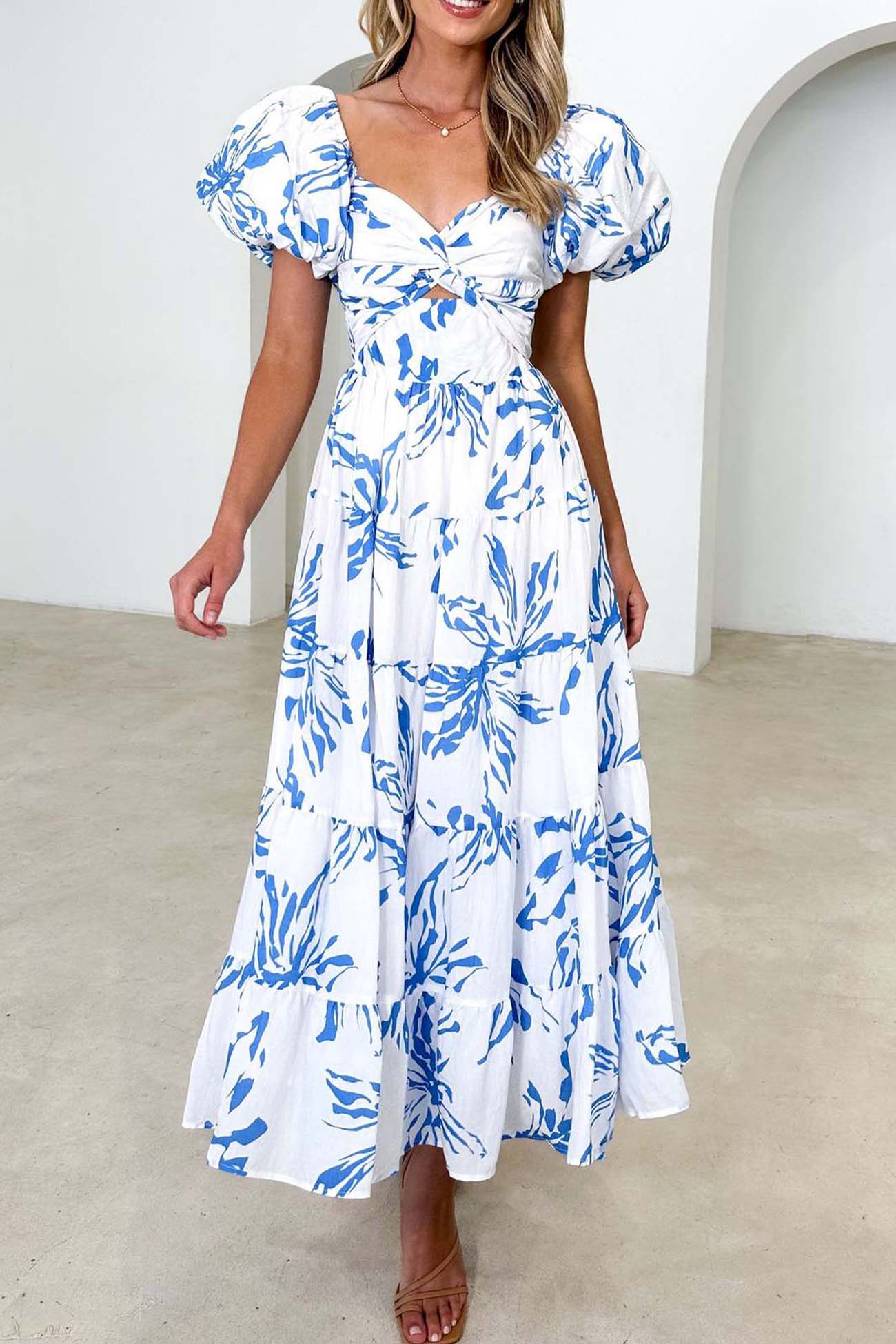 Puff Sleeve Twisted Tiered Dress