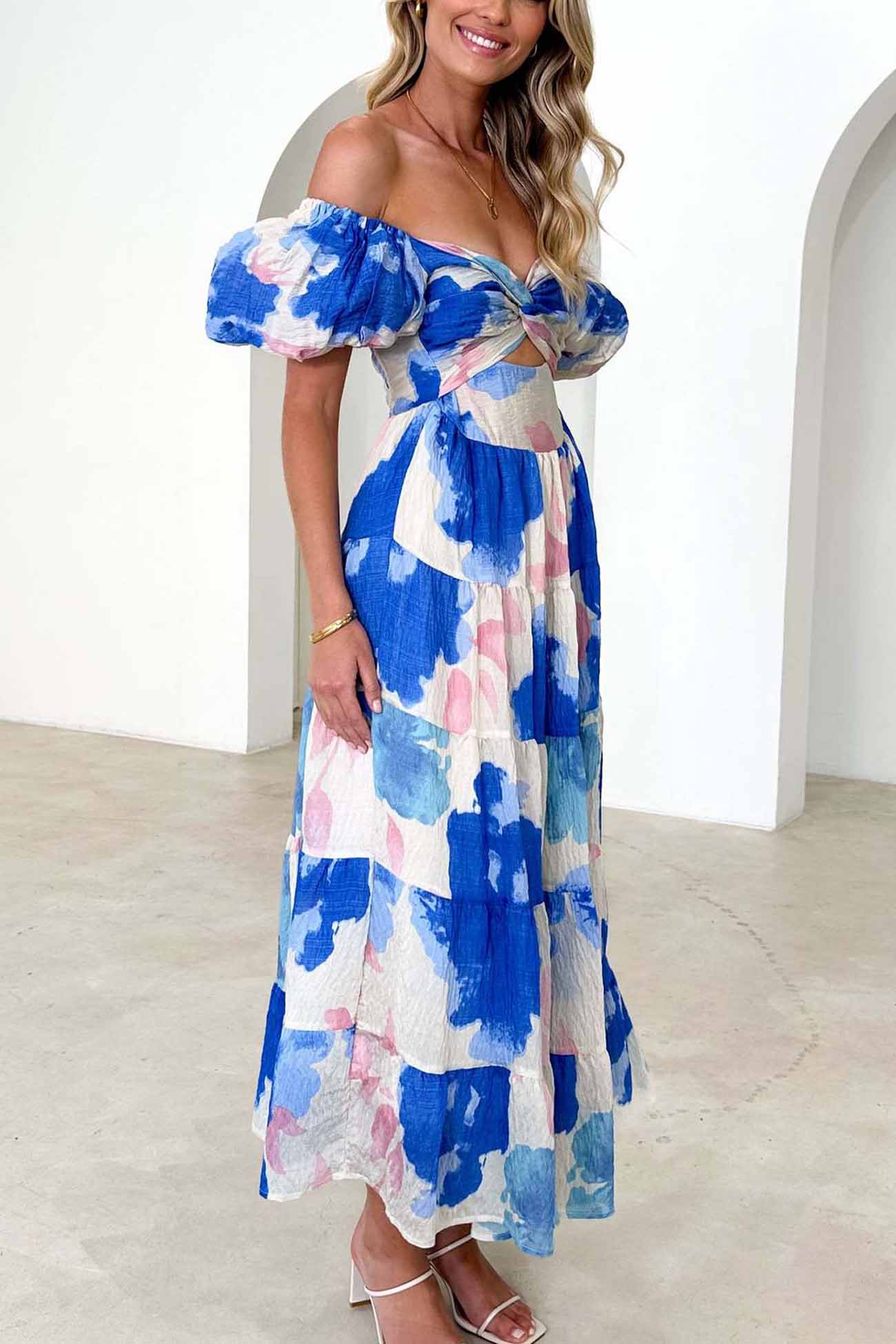 Puff Sleeve Twisted Tiered Dress