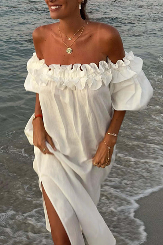 Ruffled Off Shoulder Puff Sleeve Slit Dress