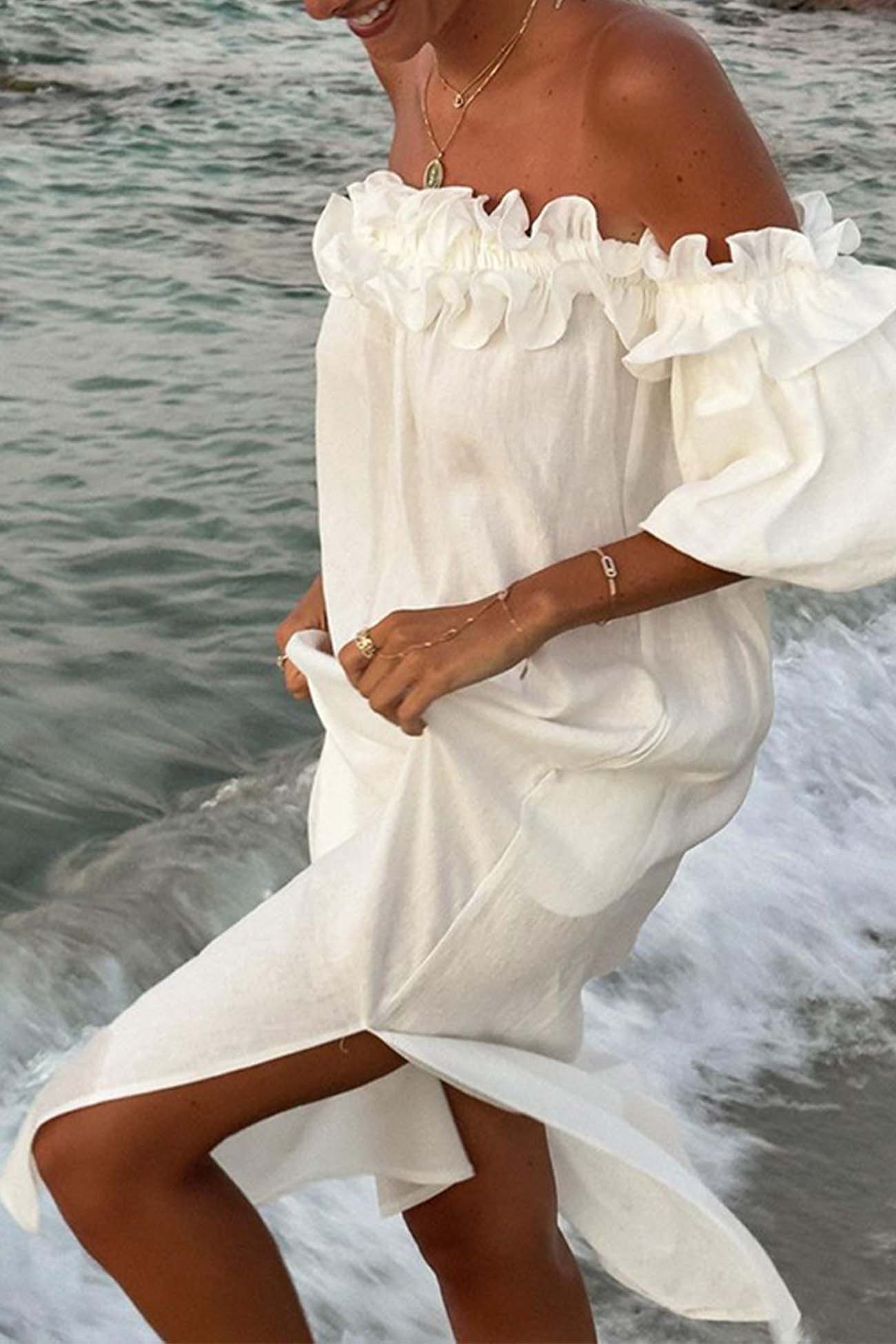 Ruffled Off Shoulder Puff Sleeve Slit Dress