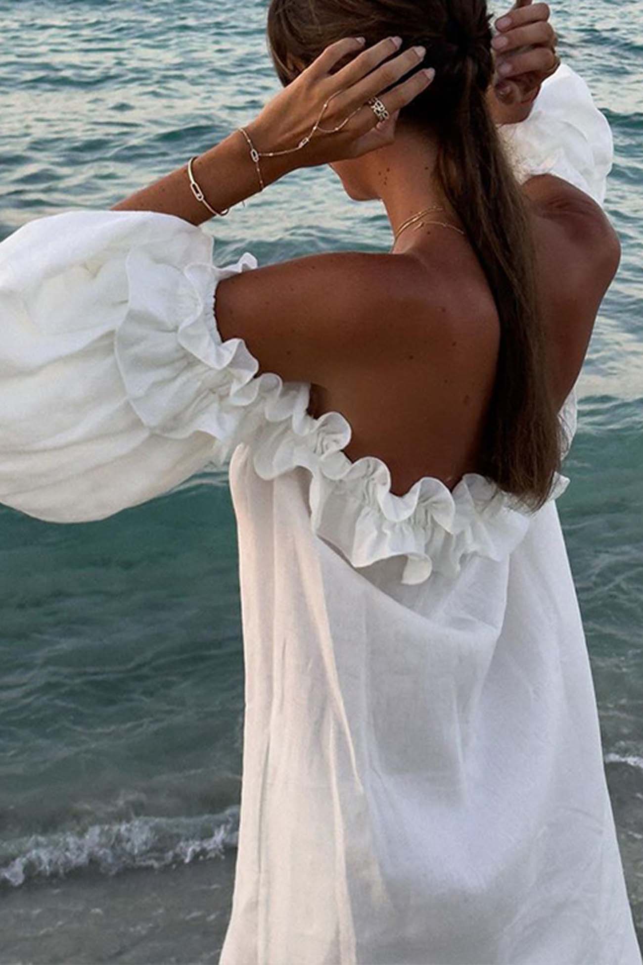 Ruffled Off Shoulder Puff Sleeve Slit Dress