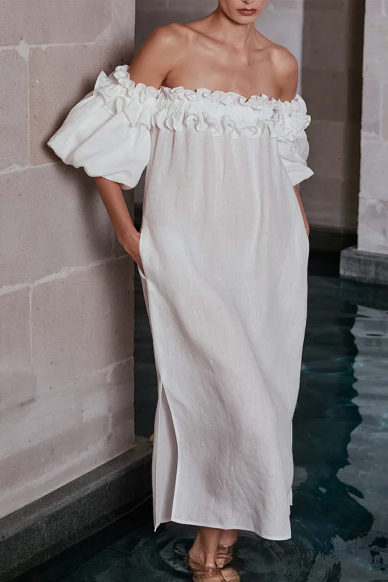 Ruffled Off Shoulder Puff Sleeve Slit Dress